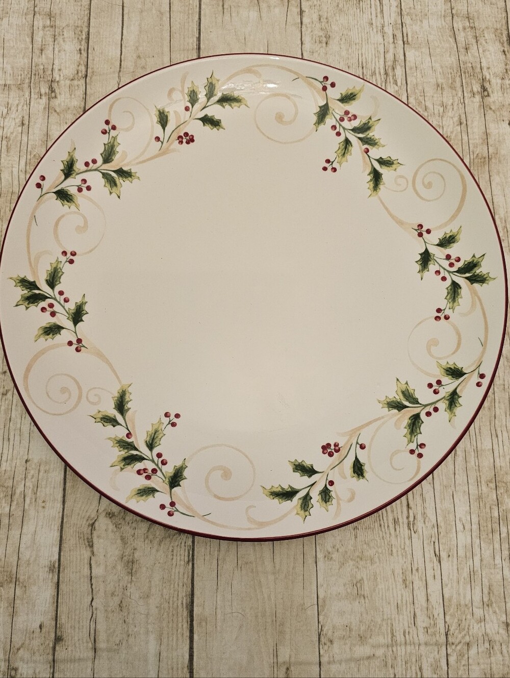 Replacement Holly Scroll Christmas Dinner Plate Red Edge Lenox Fine China 10.5"